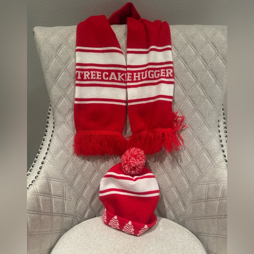 Red and White Scarf and Hat with Fringe